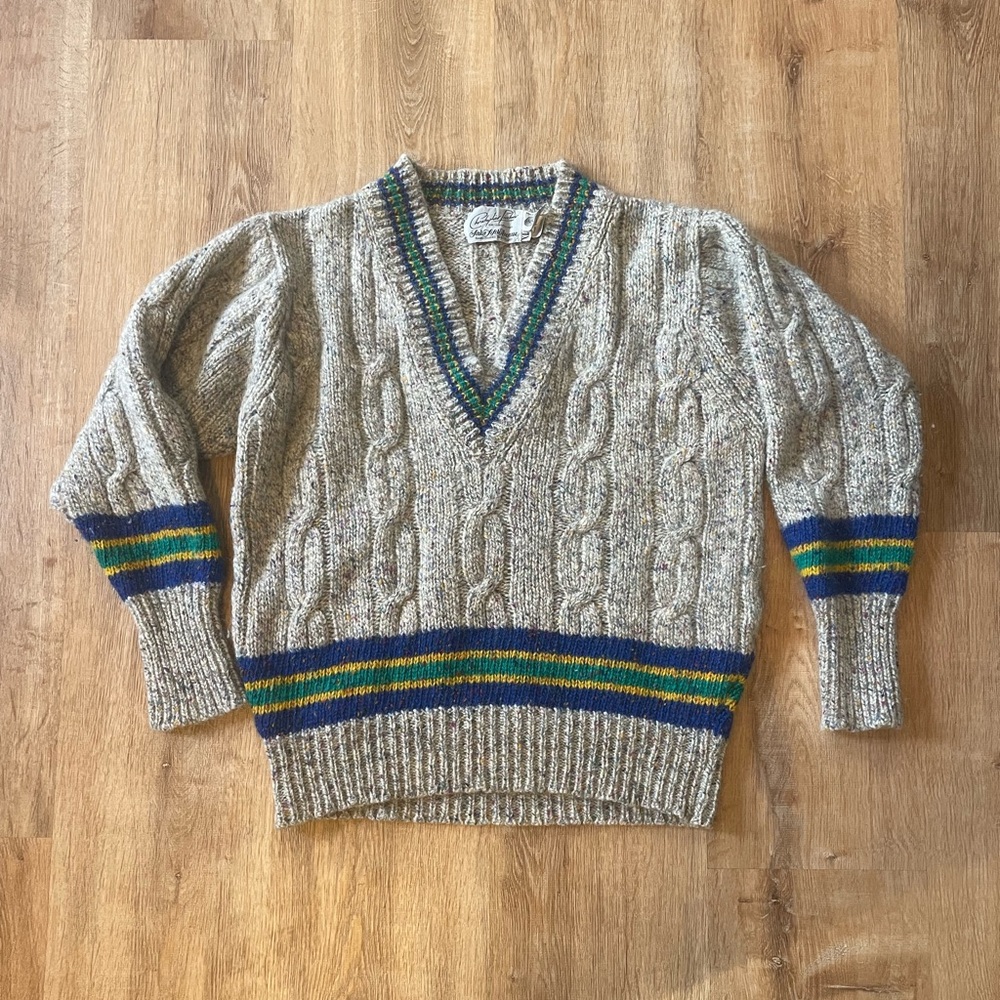 Vintage Christopher Fischer Cable Knit Sweater with Striped Accents - Picture 2 of 8